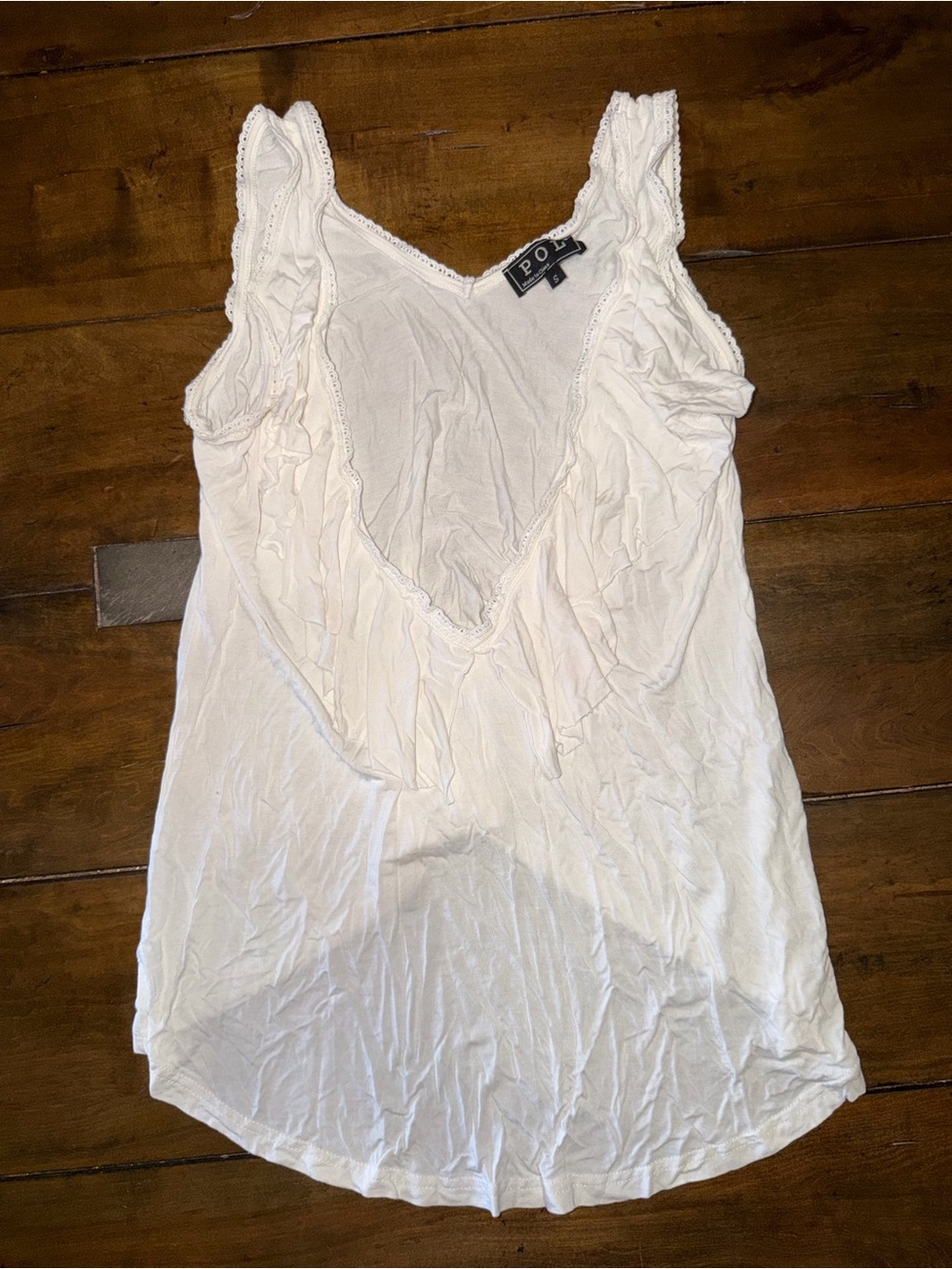 POL White Deep V Neck Ruffle Tank Top Sleeveless Lace Trim